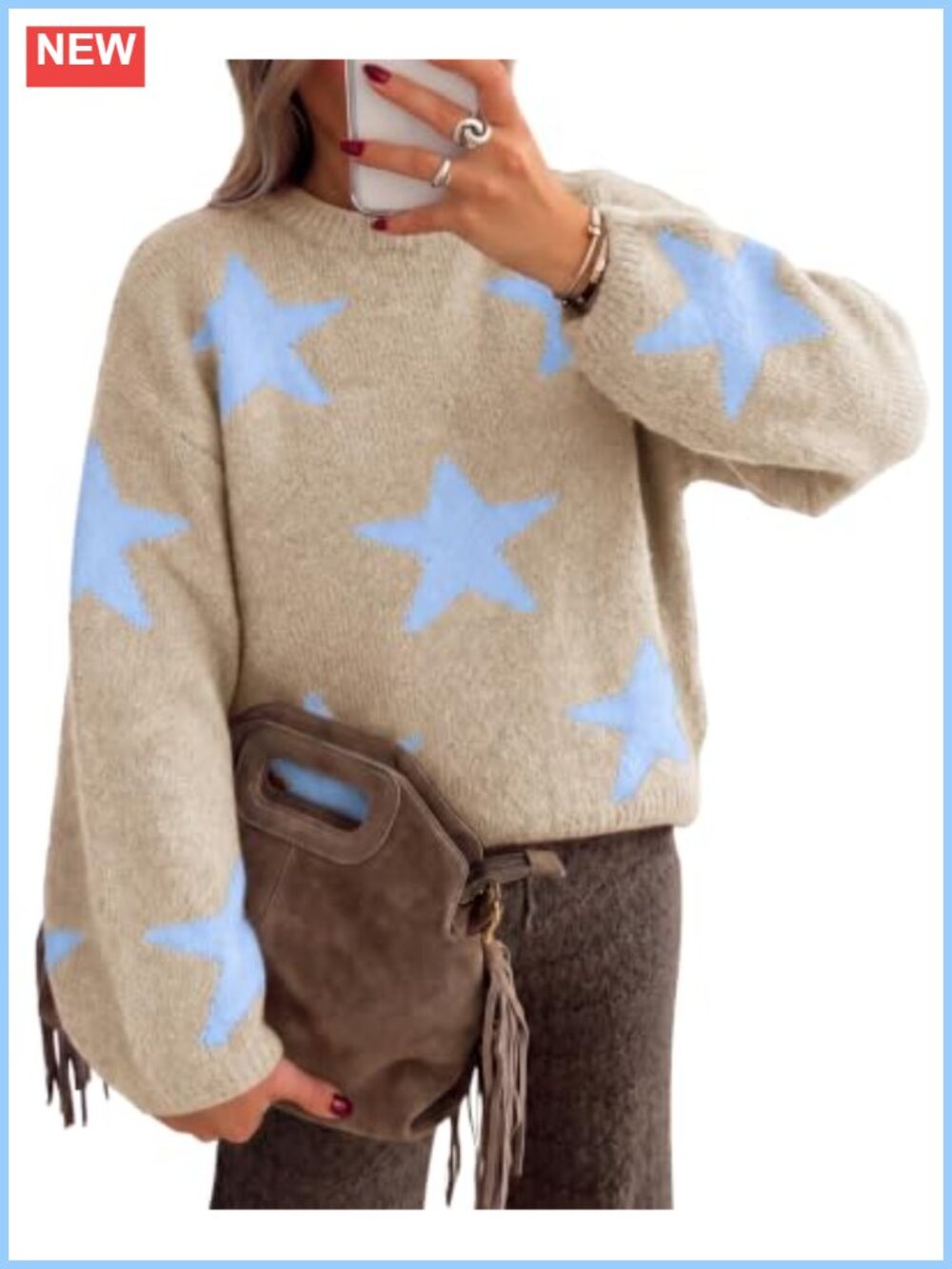 Cicy Bell Star Pattern Pullover Sweater Crew Neck Long Sleeve Loose Fit
